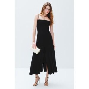 A.W.A.K.E. Mode Black Square Neck Laser Cut Pleated Midi Cocktail Dress US 6